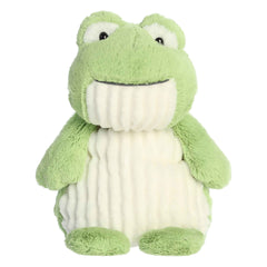 Fuzzy Frog plush, vibrant green with white belly, seated with a broad smile and mirthful eyes from Huggle Pals