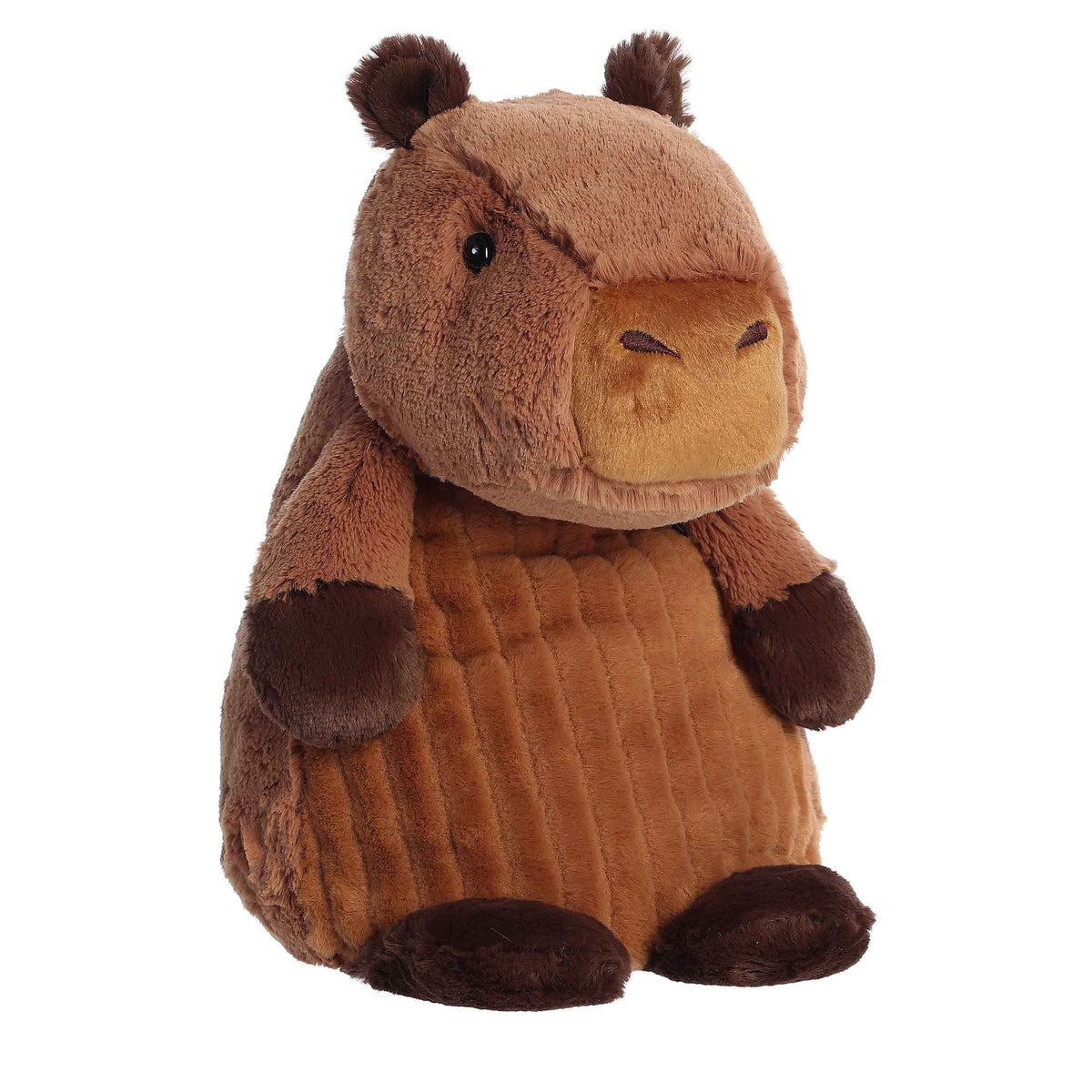 Cozy Capybara plush, soft brown fur, plump and seated with gentle eyes and rounded ears from Huggle Pals