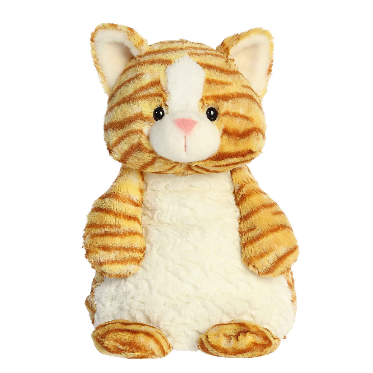 Comfy Kitty plush, striped ginger fur and fluffy white belly, seated with sweet eyes and a pink nose from Huggle Pals