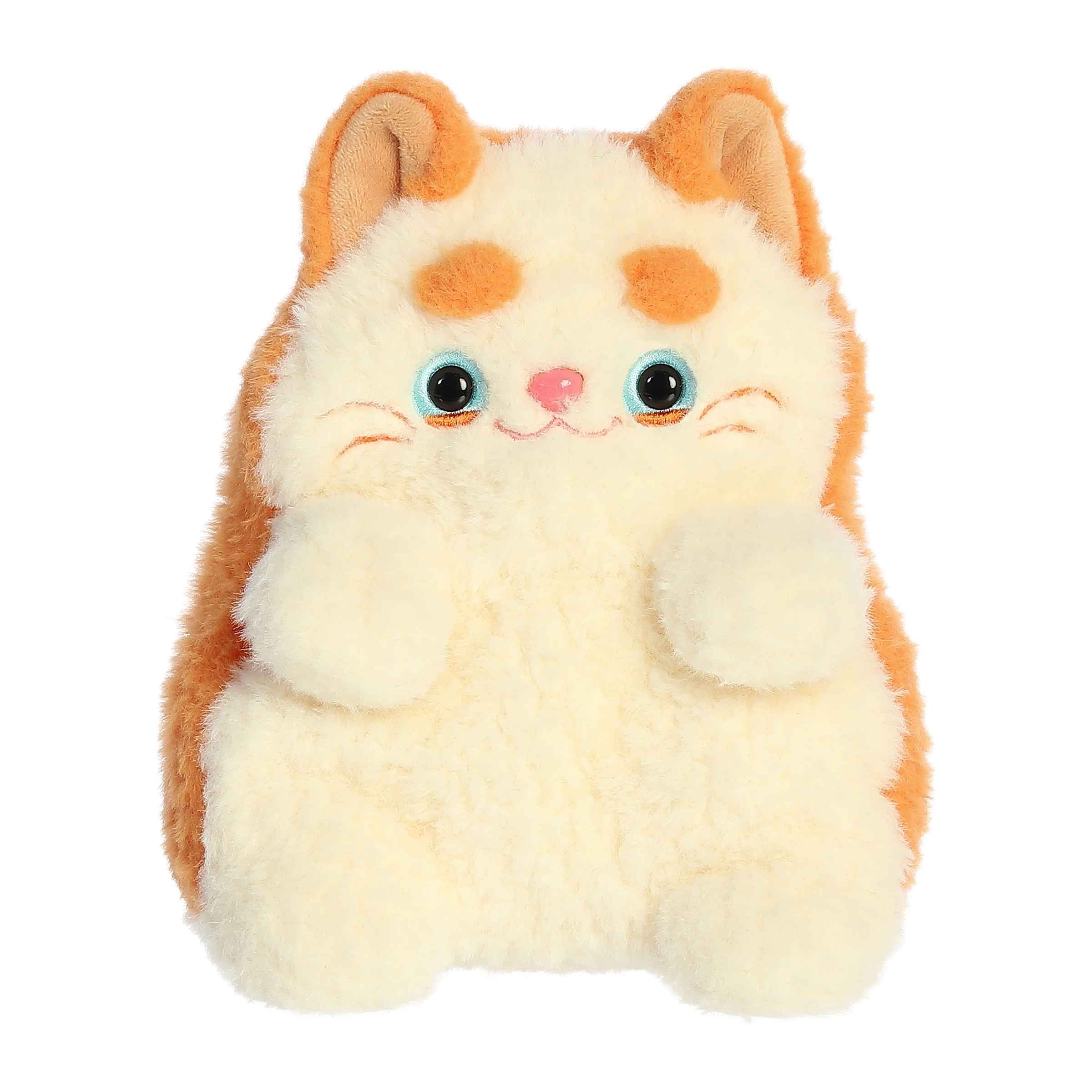 Cheddar plush from MewMews, creamy fur with distinctive orange patches, holding a personality booklet