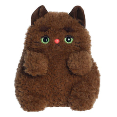 Beans plush from MewMews, deep brown fur, soulful green eyes, red nose, holding a personality booklet