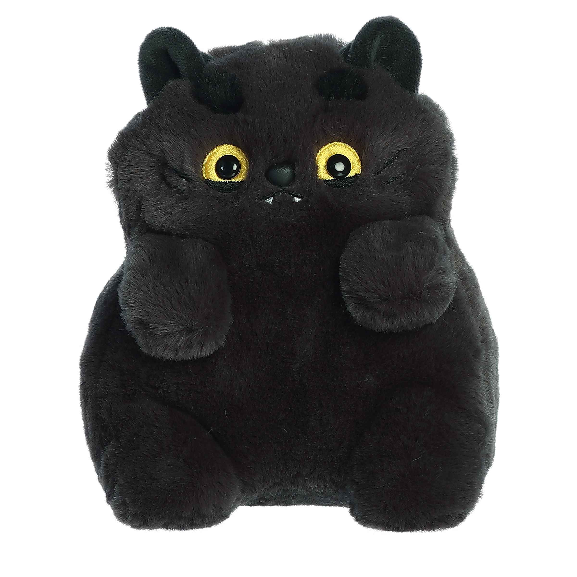 Storm plush MewMews, soft black fur, captivating yellow eyes, contemplative expression, with personality booklet and sticker