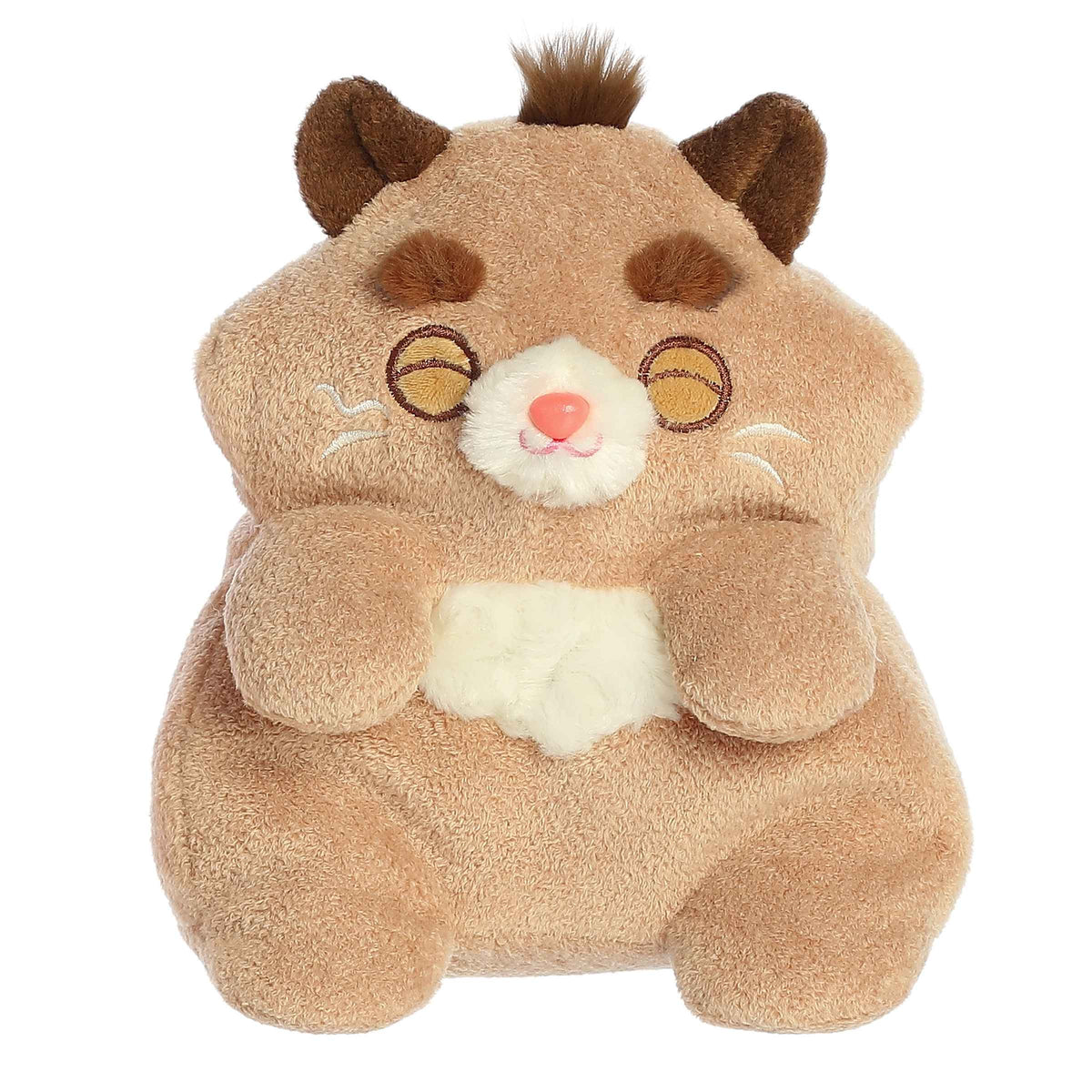 Siesta plush from MewMews, caramel fur with whimsical closed eyes, soft white belly, with personality booklet and sticker