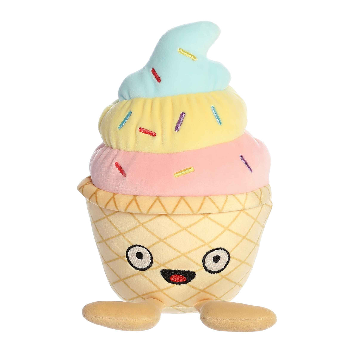 Wendy Waffle Cone plush from Wackadoodles, featuring vibrant yellow and pink ice cream scoops in a detailed waffle cone