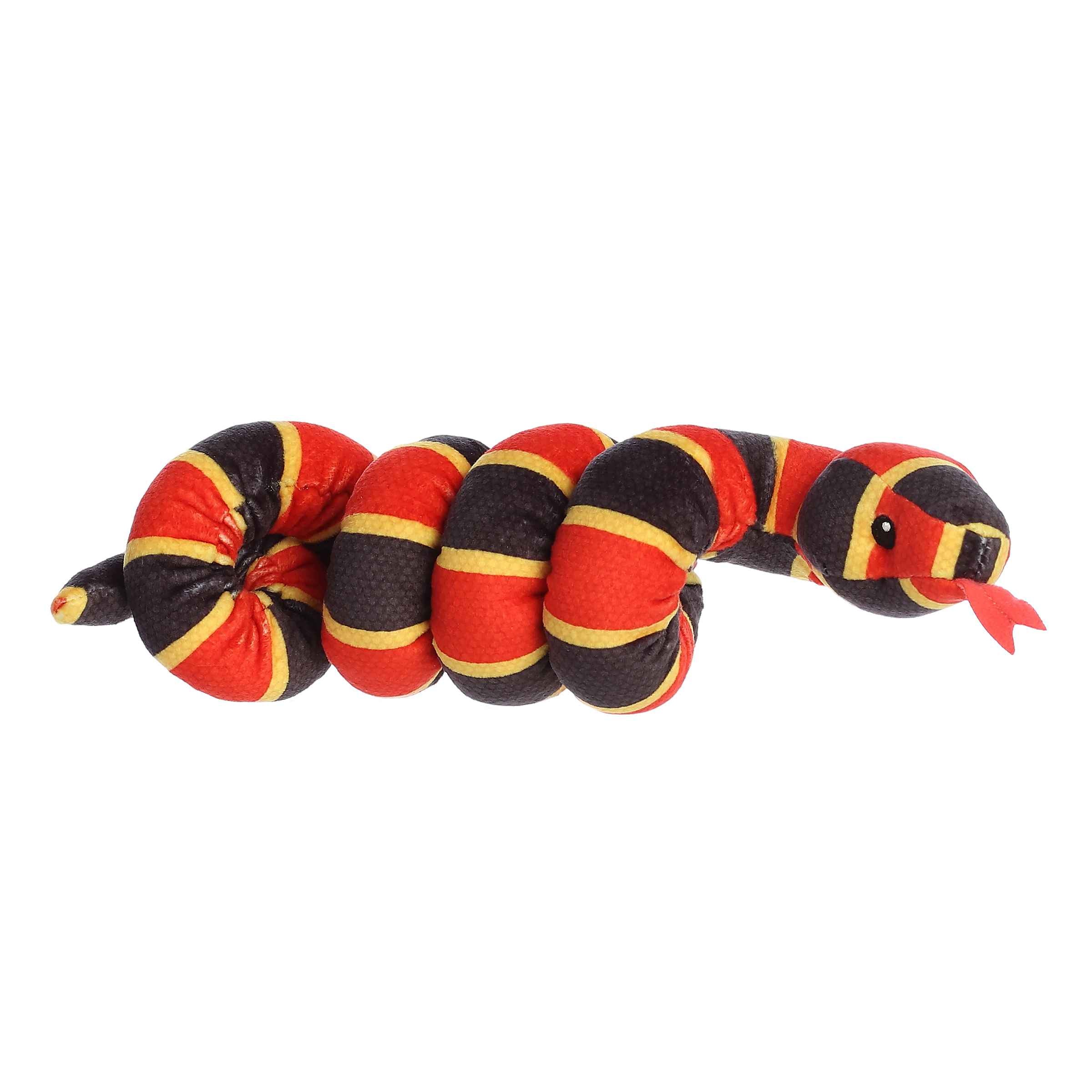 Coral Snake plush from Wrist Wranglers, featuring vivid red, yellow, and black stripes, perfect for educational play