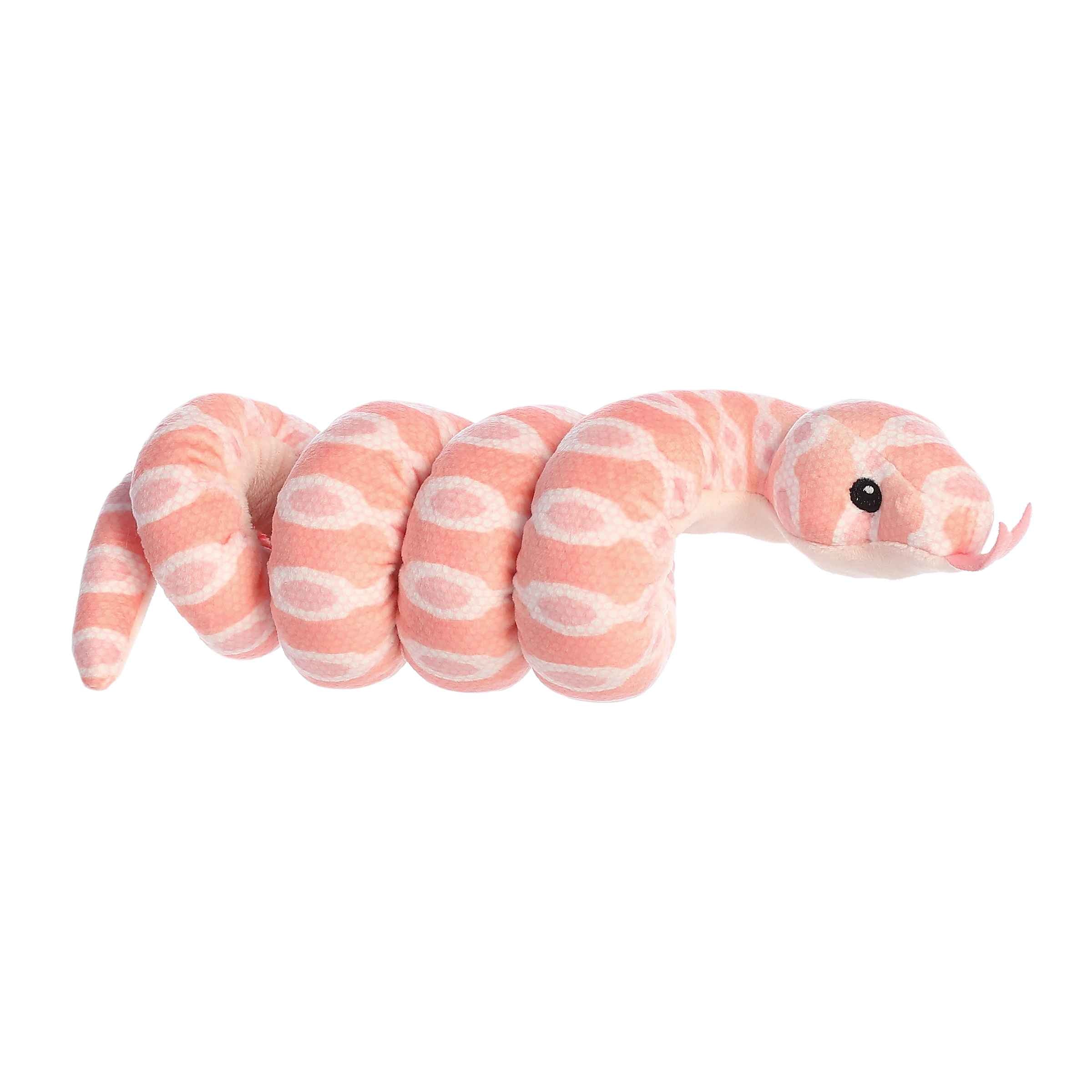 Snow Corn Snake plush from Wrist Wranglers, soft pink and white pattern, ideal for educational play and stylish wear.