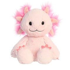 Arin Axolotl plush from Aurora Menagerie, pink and fluffy with a whimsical expression