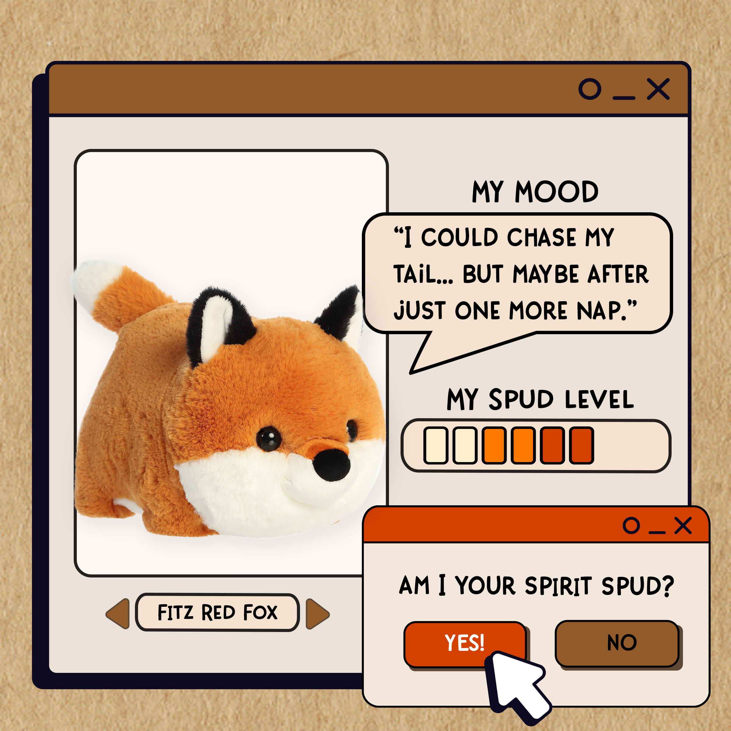 A spudsters product card for the Fitz Red Fox plush by Aurora