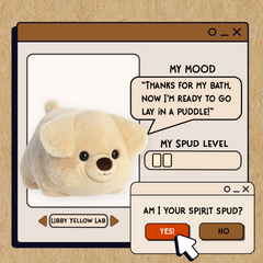 A spudsters product card for the Libby Yellow Lab plush by Aurora