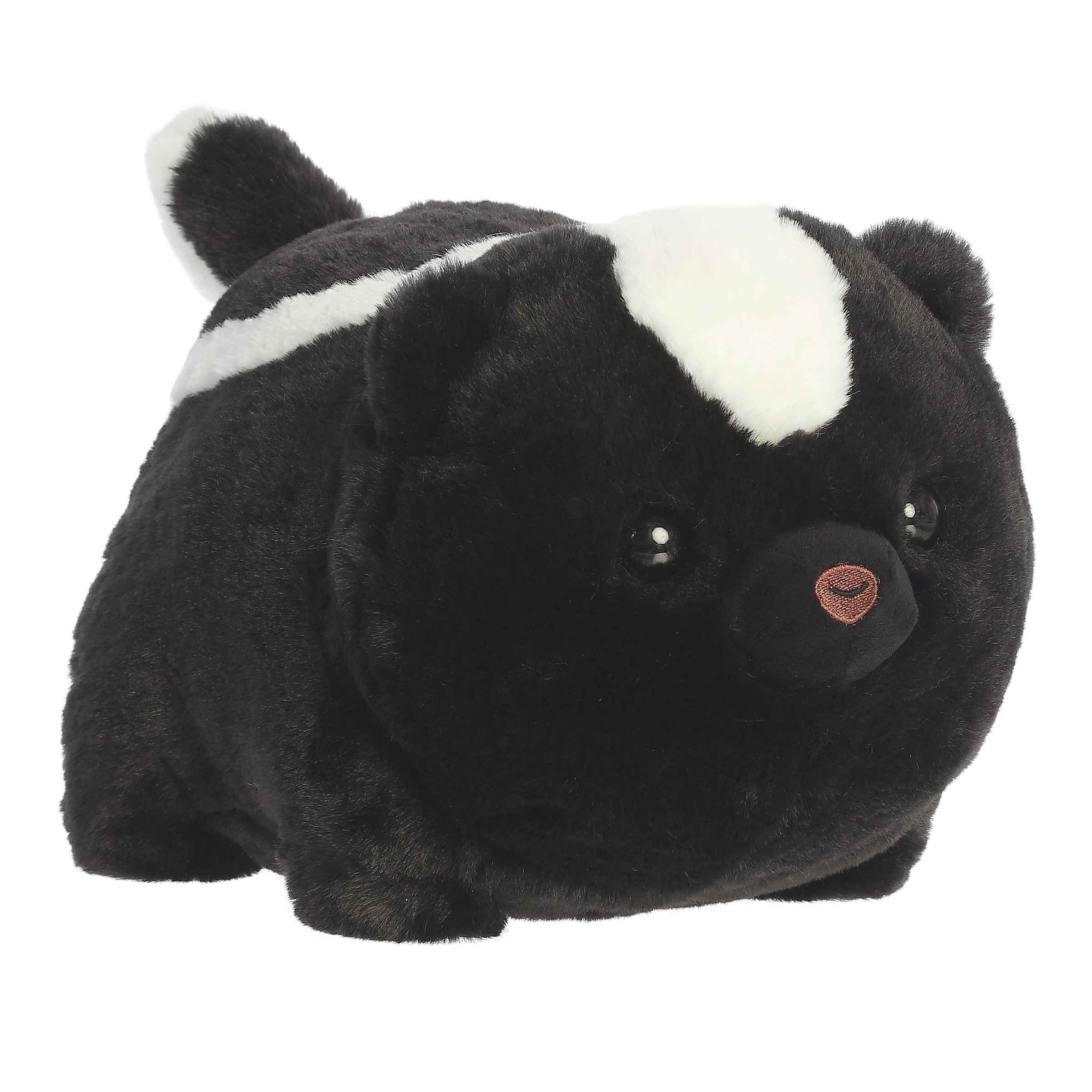 Plush toy of a potato-shaped Scooter Skunk in the Spudsters collection with black-and-white stripes