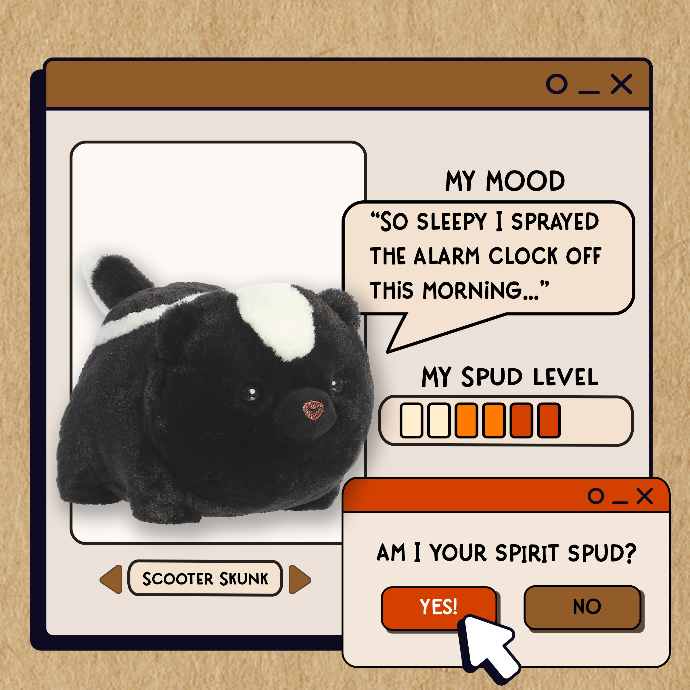 A spudsters product card for the Scooter Skunk plush by Aurora