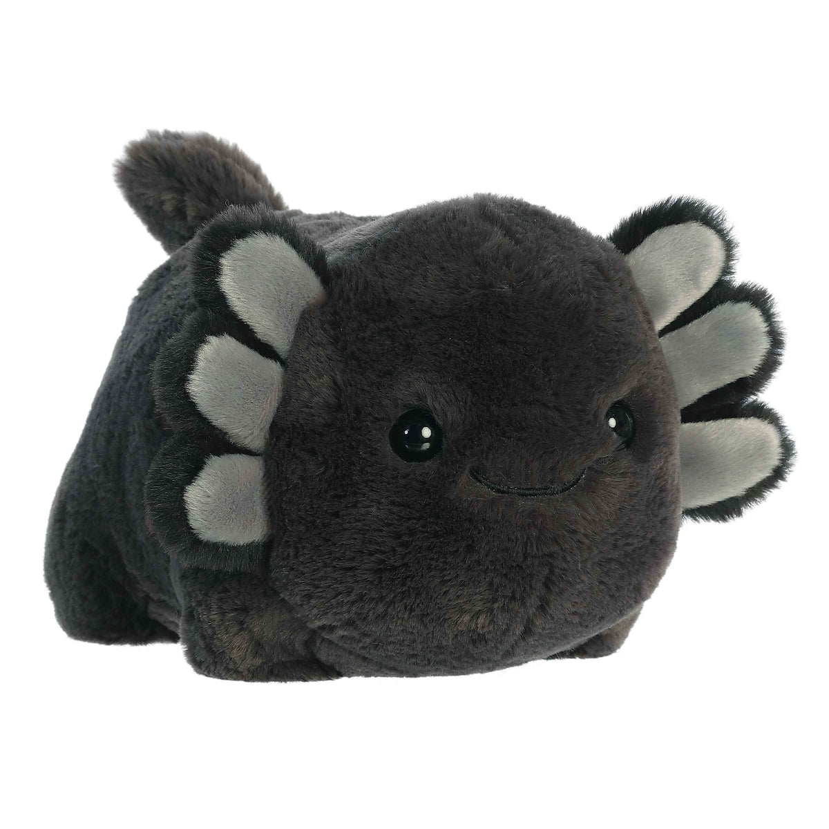 Plush toy of a potato-shaped Black Axolotl in the Spudsters collection with black fur and gills.