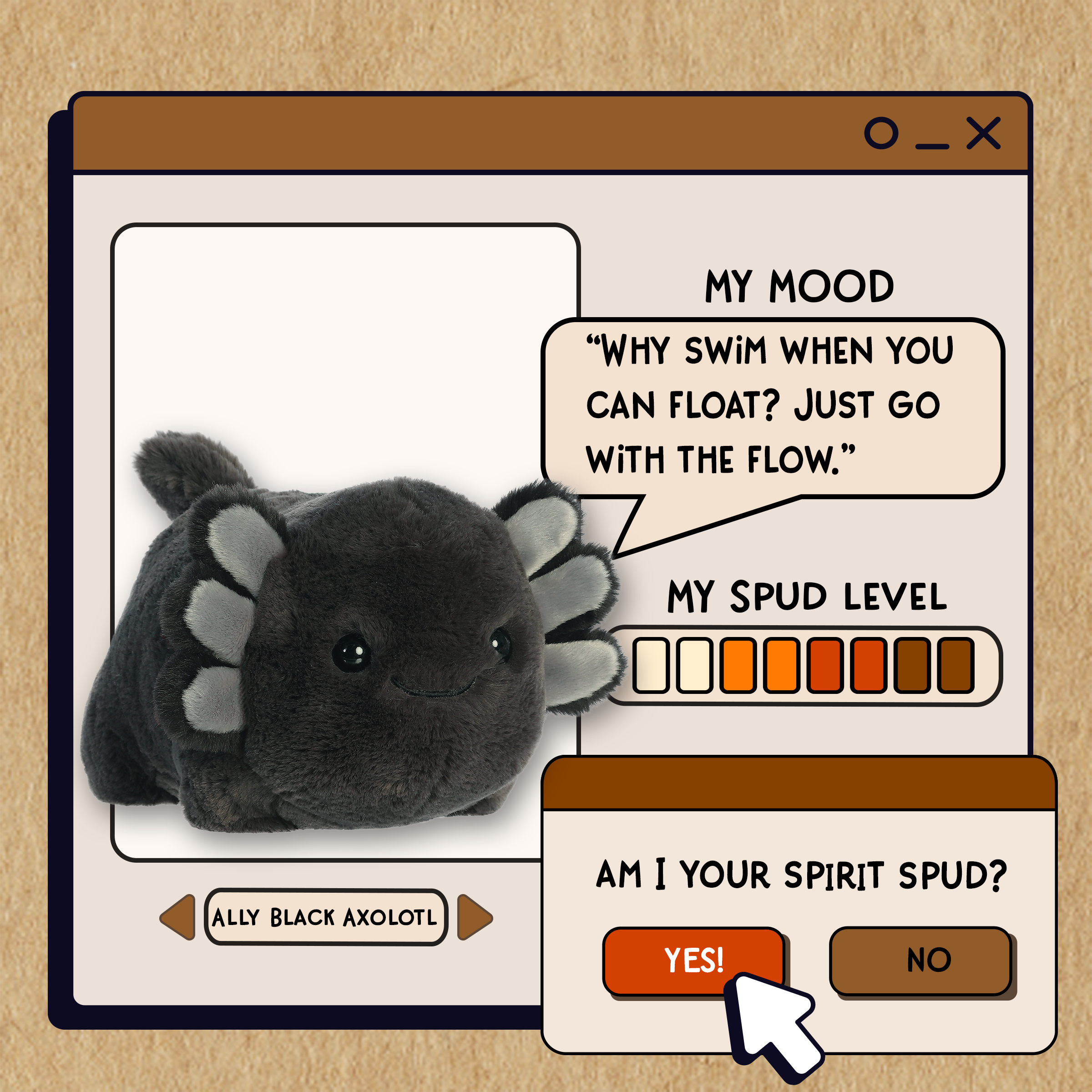 A spudsters product card for the Ally Black Axolotl plush by Aurora