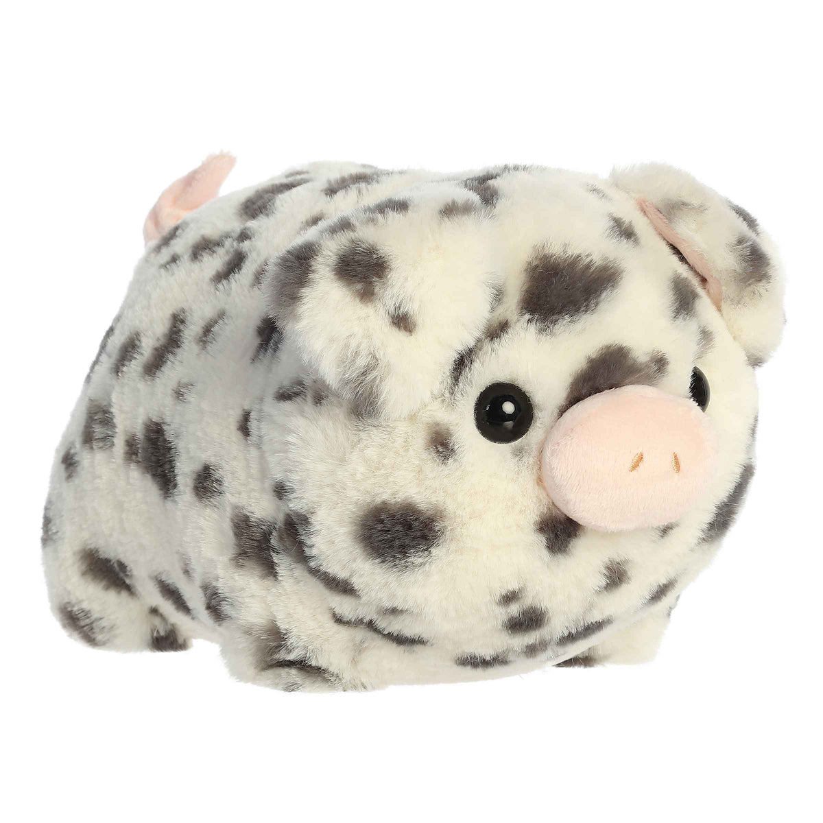 Plush toy of a potato-shaped Spotted Pig in the Spudsters collection with black spots and a pink snout.