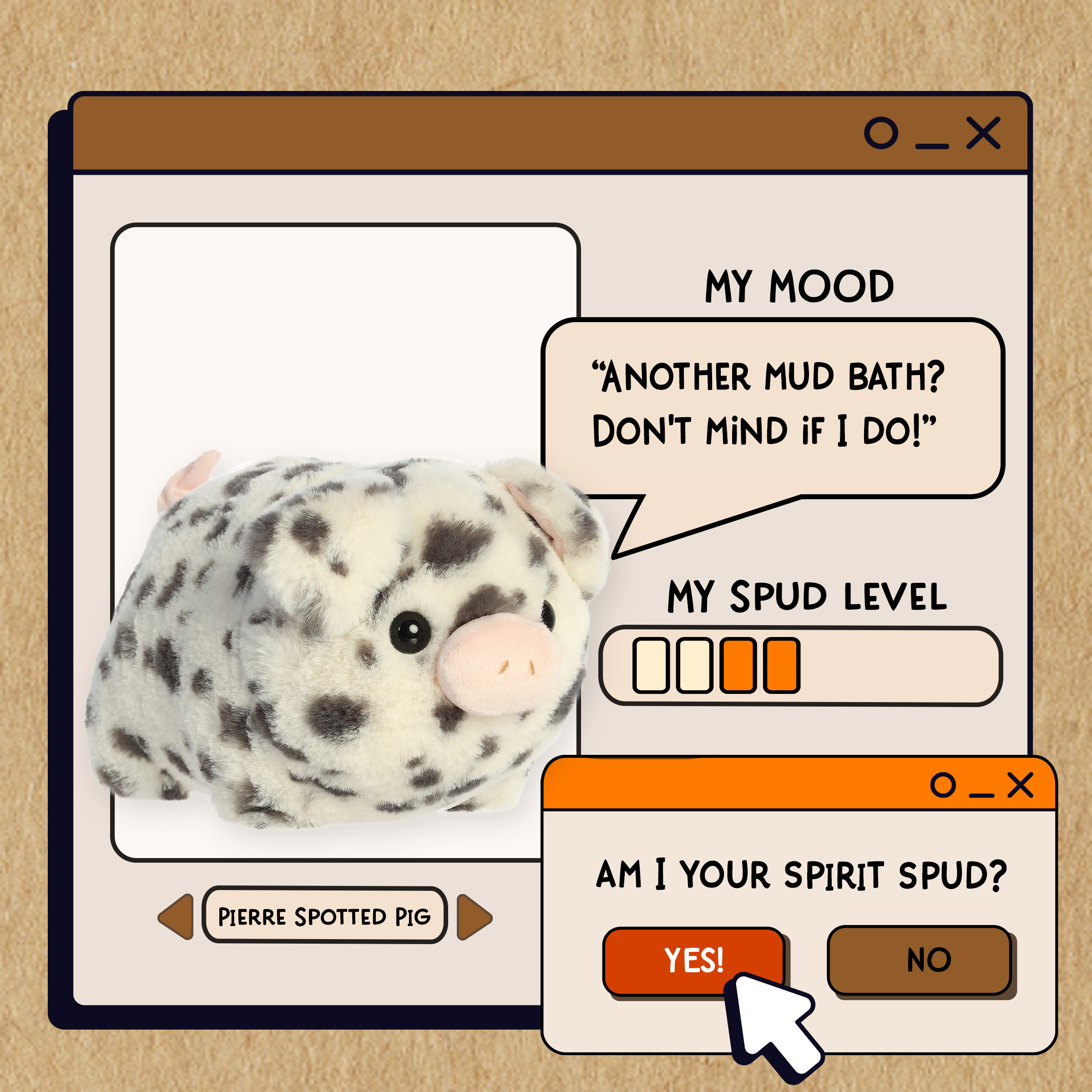 A spudsters product card for the Pierre Spotted Pig plush by Aurora