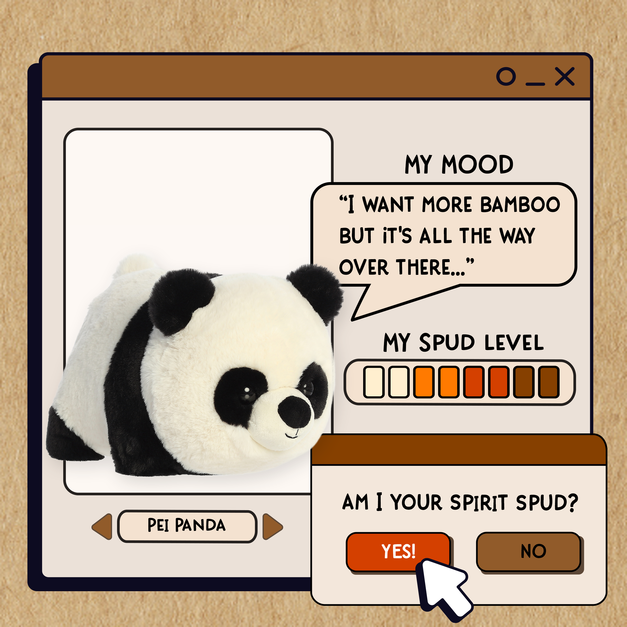 A spudsters product card for the Pei Panda plush by Aurora