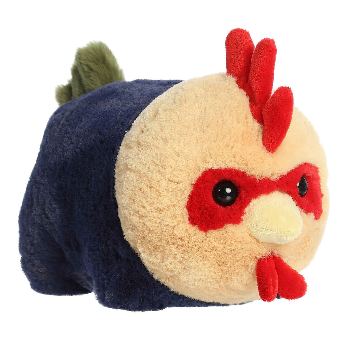 Plush toy of a potato-shaped Rooster in the Spudsters collection with bright feathers and a red comb.