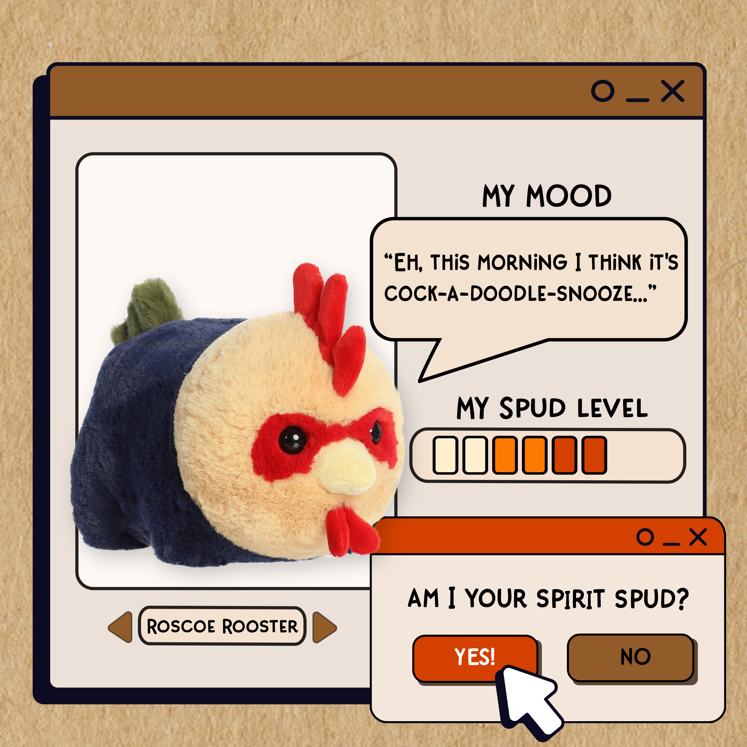 A spudsters product card for the Roscoe Rooster plush by Aurora