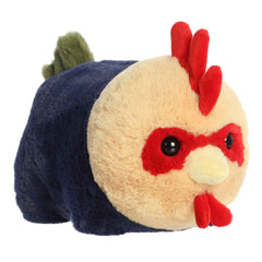 Plush toy of a potato-shaped Rooster in the Spudsters collection with bright feathers and a red comb.