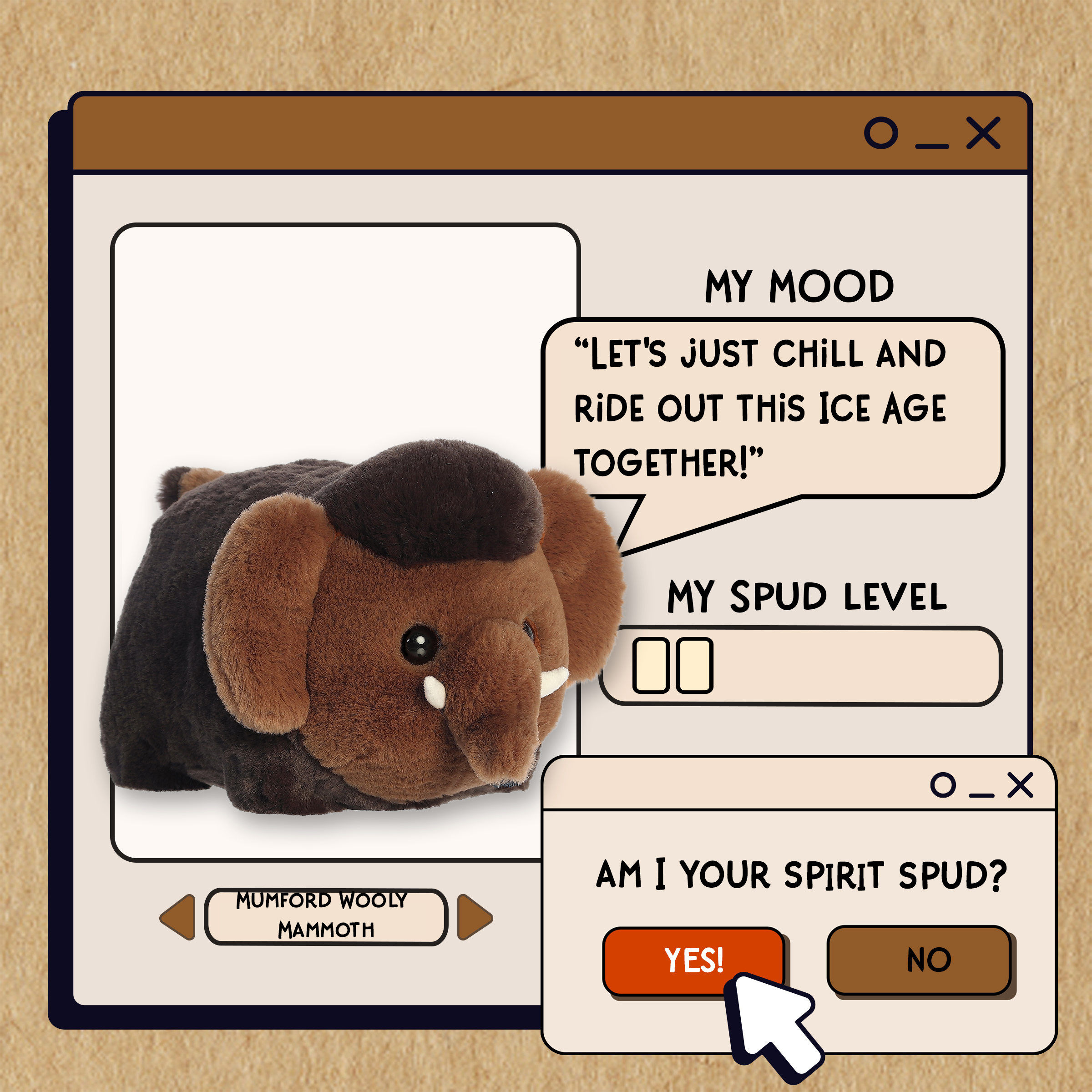 A spudsters product card for the Mumford Wooly Mammoth plush by Aurora