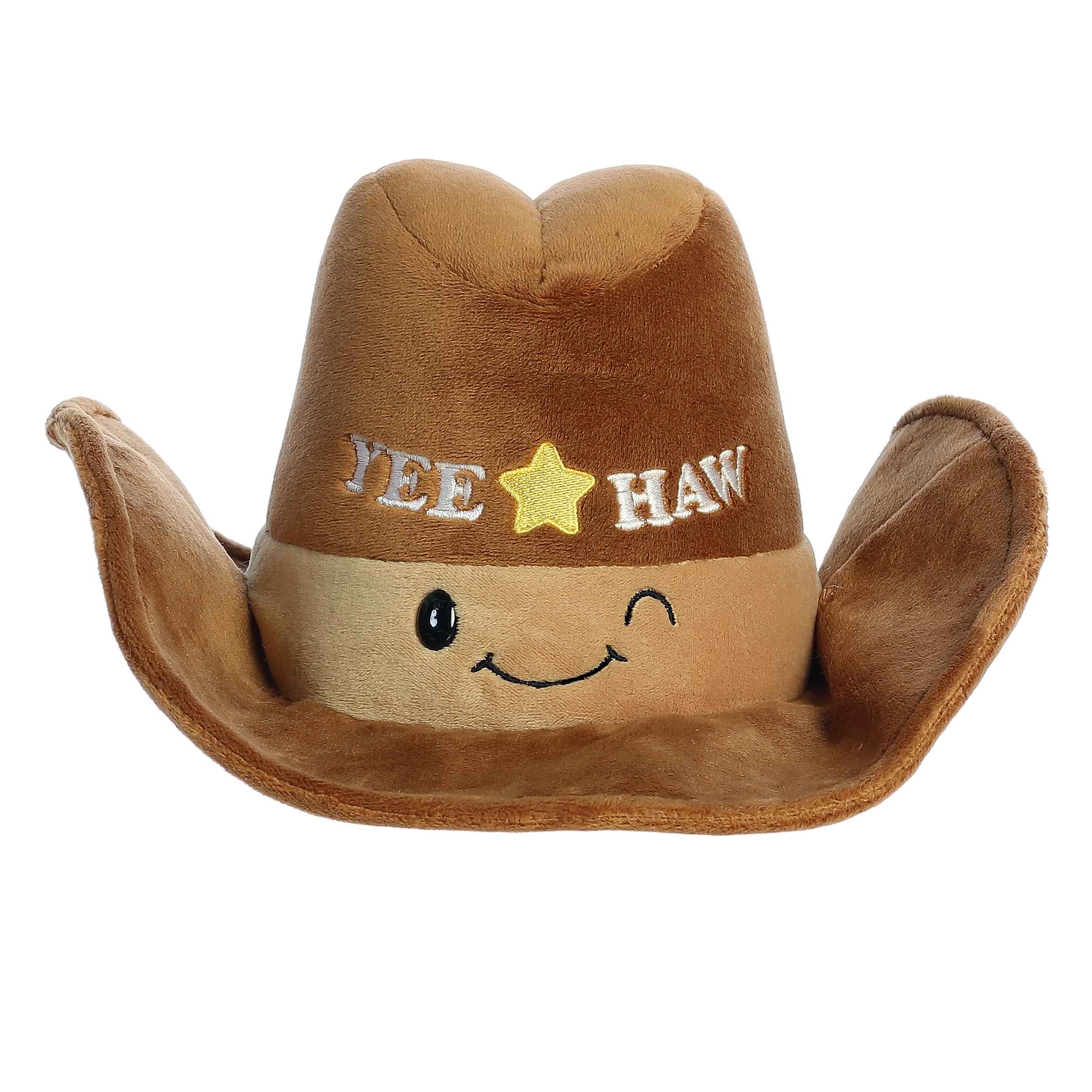 Plush toy shaped like a cowboy hat from the Just Sayin'™ collection with "Yee Haw" embroidered on the front.