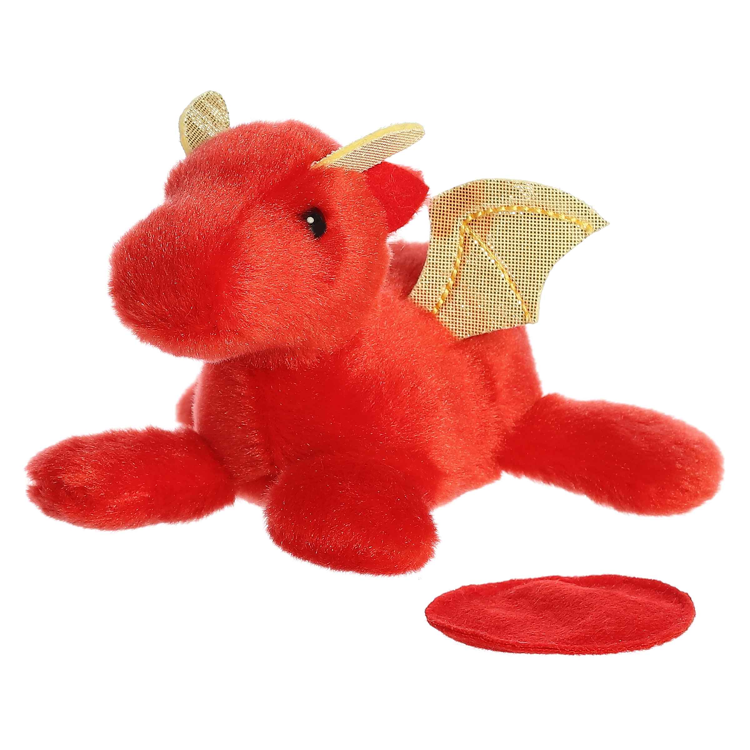 Plush toy of Daring Dragon from the Shoulderkins collection with red body, golden wings, and a magnetic base.