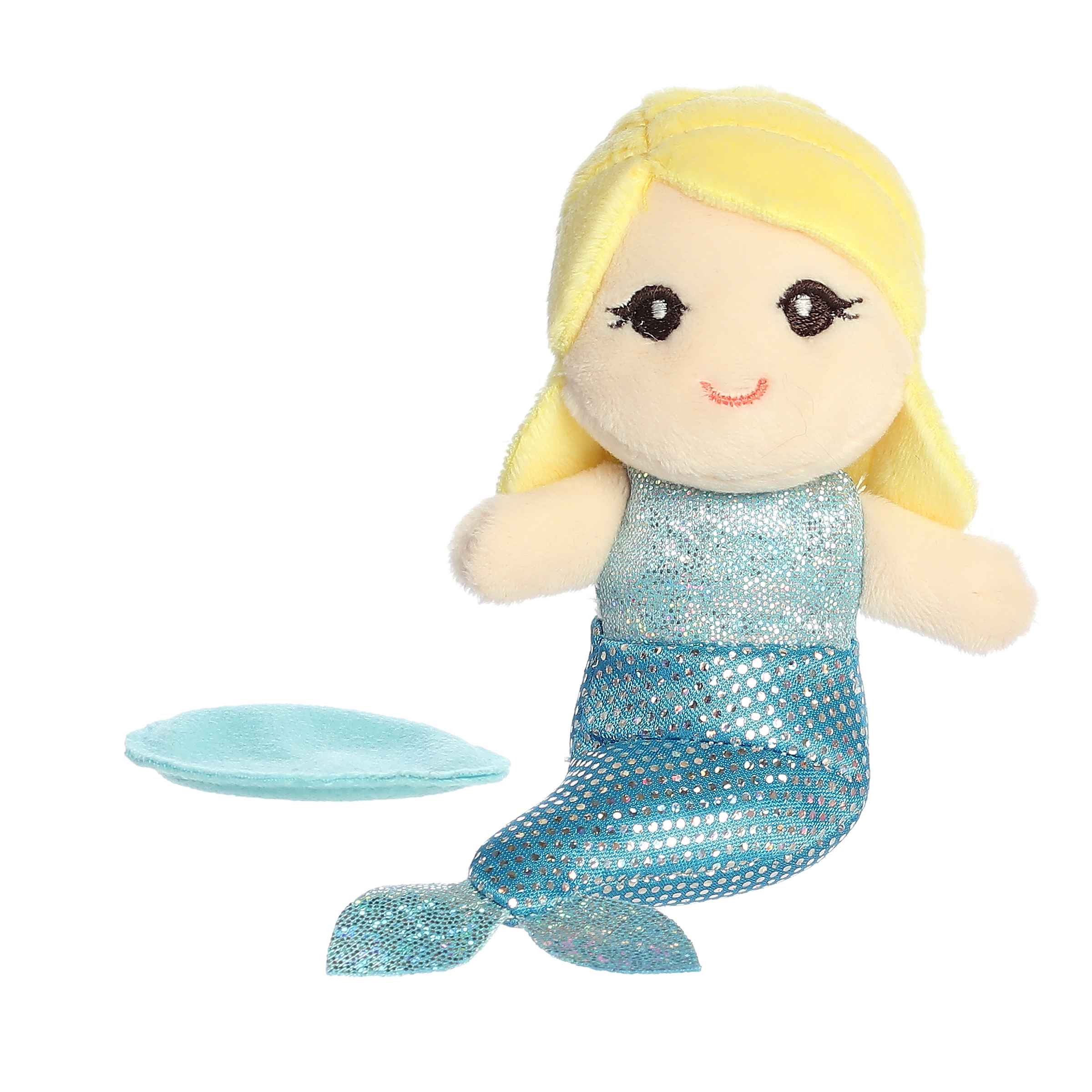 Plush toy of Aquamarine Mermaid from the Shoulderkins collection with blonde hair, blue tail, and a magnetic base.