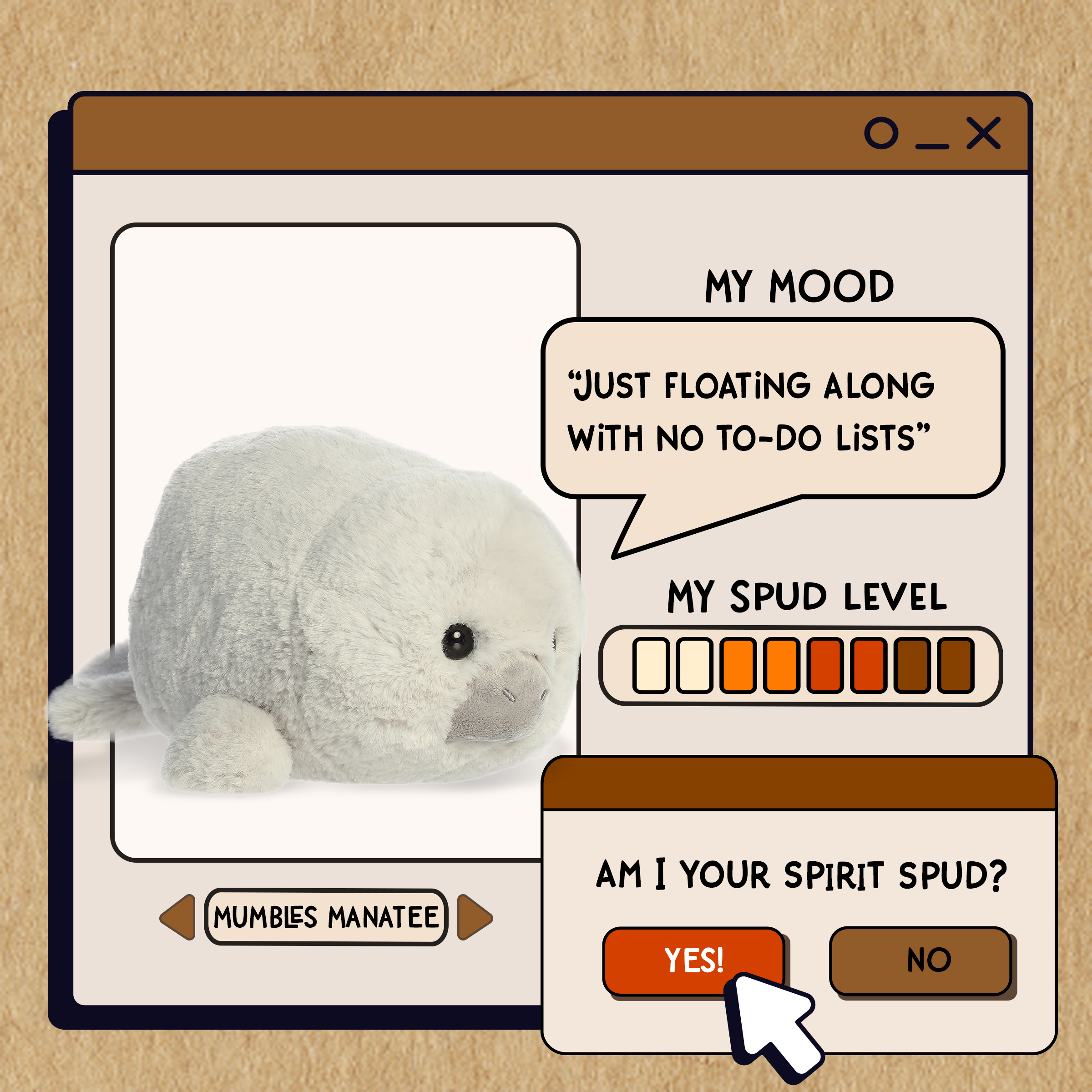 A spudsters product card for the Mumbles Manatee plush by Aurora
