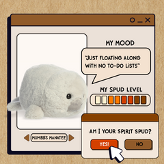 A spudsters product card for the Mumbles Manatee plush by Aurora