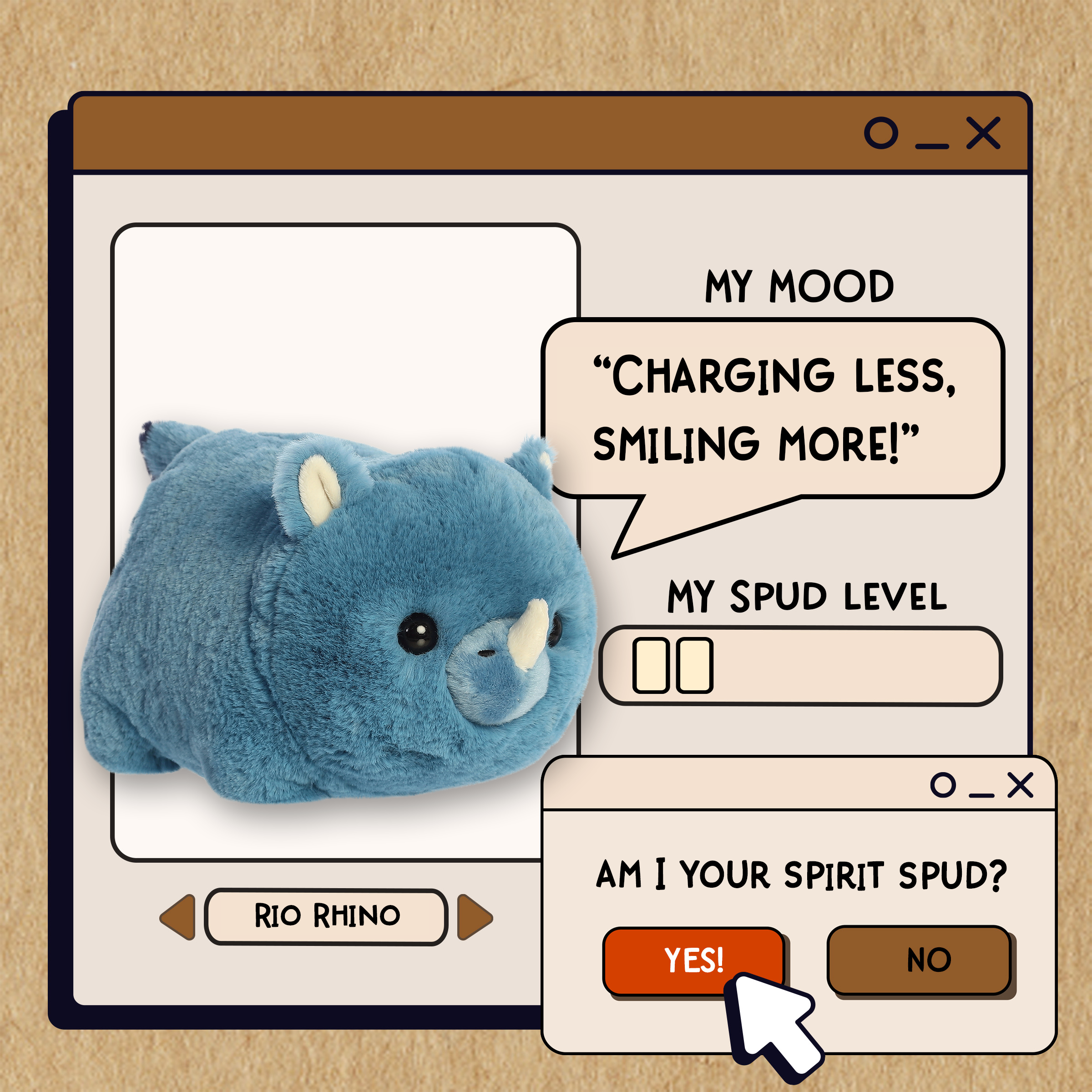 A spudsters product card for the Rio Rhino plush by Aurora