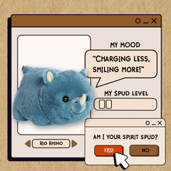 A spudsters product card for the Rio Rhino plush by Aurora