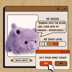 A spudsters product card for the Harlo Hippo plush by Aurora
