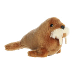 A caramel brown walrus plush with white tusks, a fluffy beard, and a magnetic base from Shoulderkins by Aurora.