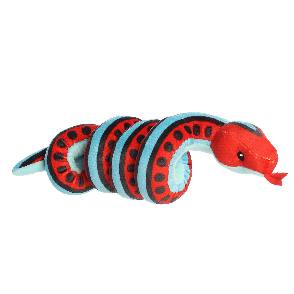 A red, blue, and black snake plush designed to wrap around the wrist from Wrist Wranglers by Aurora.
