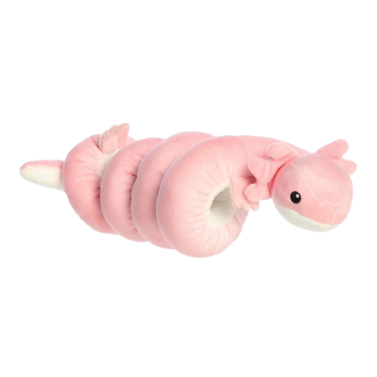 A pink axolotl plush with pastel colors and soft gill details from Wrist Wranglers by Aurora.