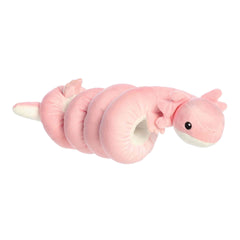 A pink axolotl plush with pastel colors and soft gill details from Wrist Wranglers by Aurora.