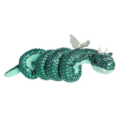 A green dragon plush with metallic scales and silver horns designed to wrap around the wrist from Wrist Wranglers