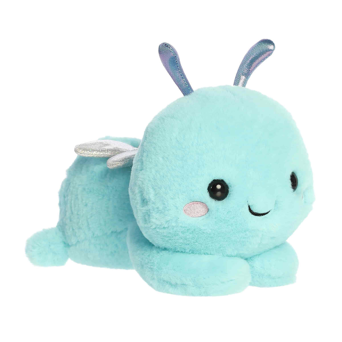 A bright blue dragonfly plush with silver wings and purple antennae from Too Cute by Aurora.