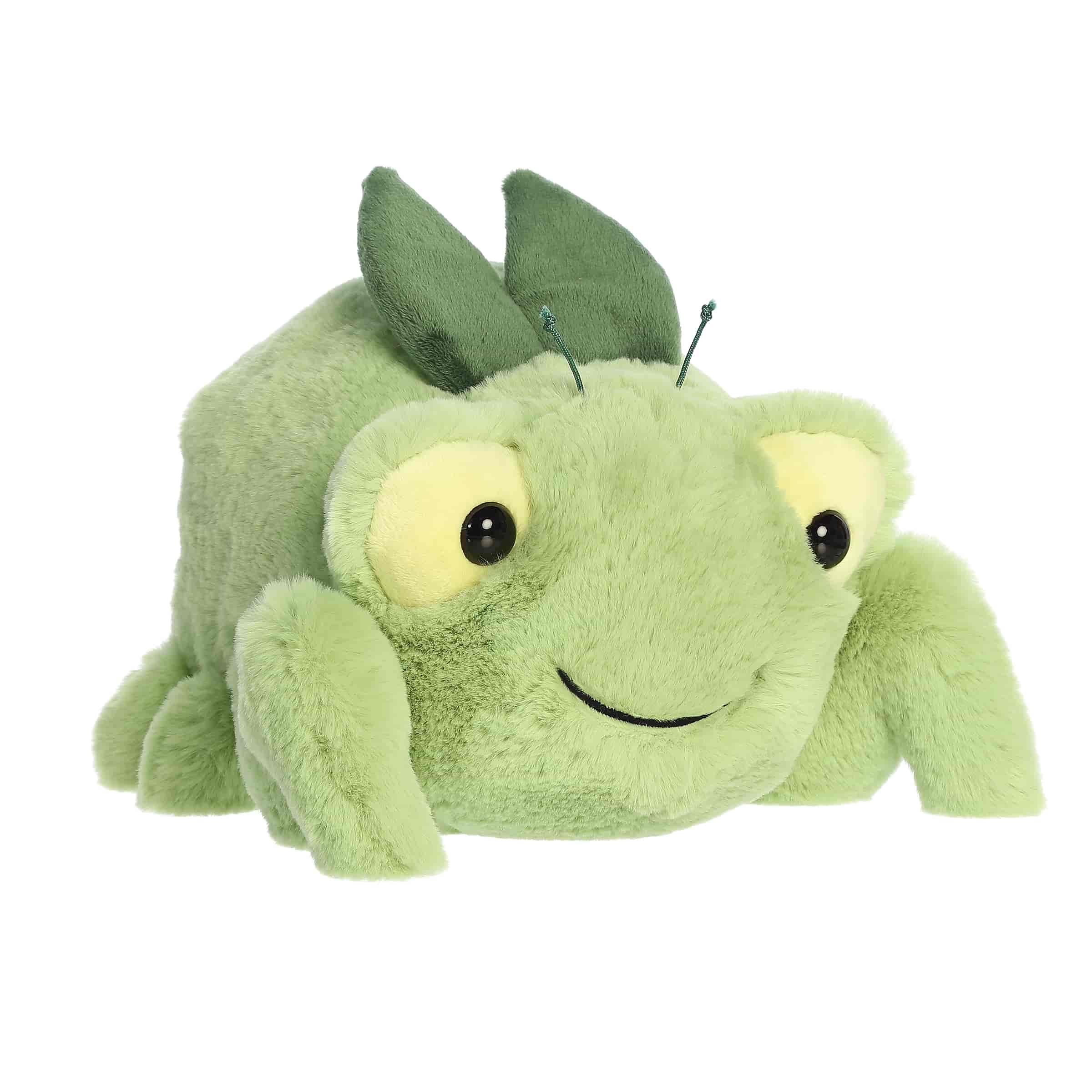 A round green praying mantis plush with yellow eyes and soft antennae from Spudsters by Aurora.