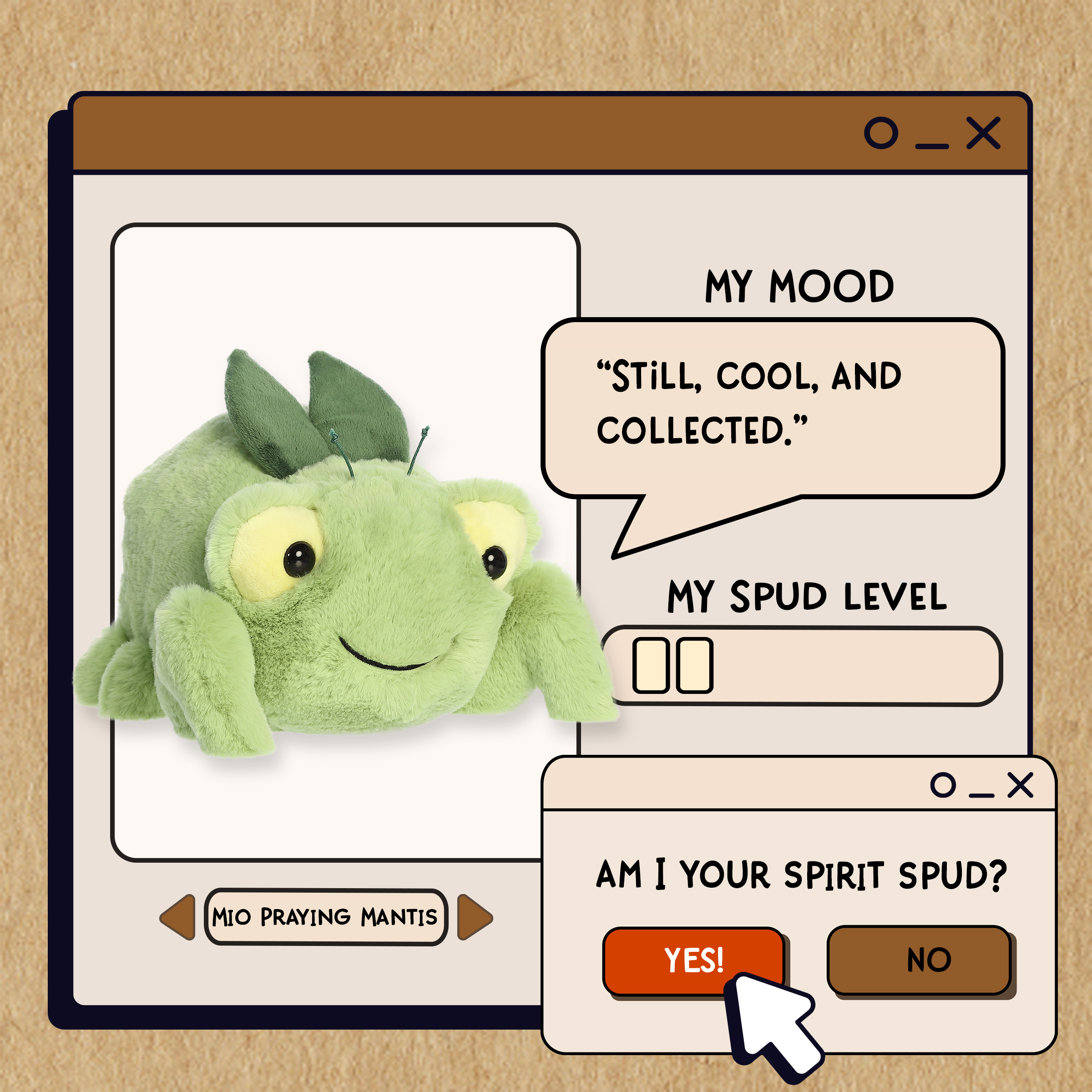 A spudsters product card for the praying mantis plush by Aurora