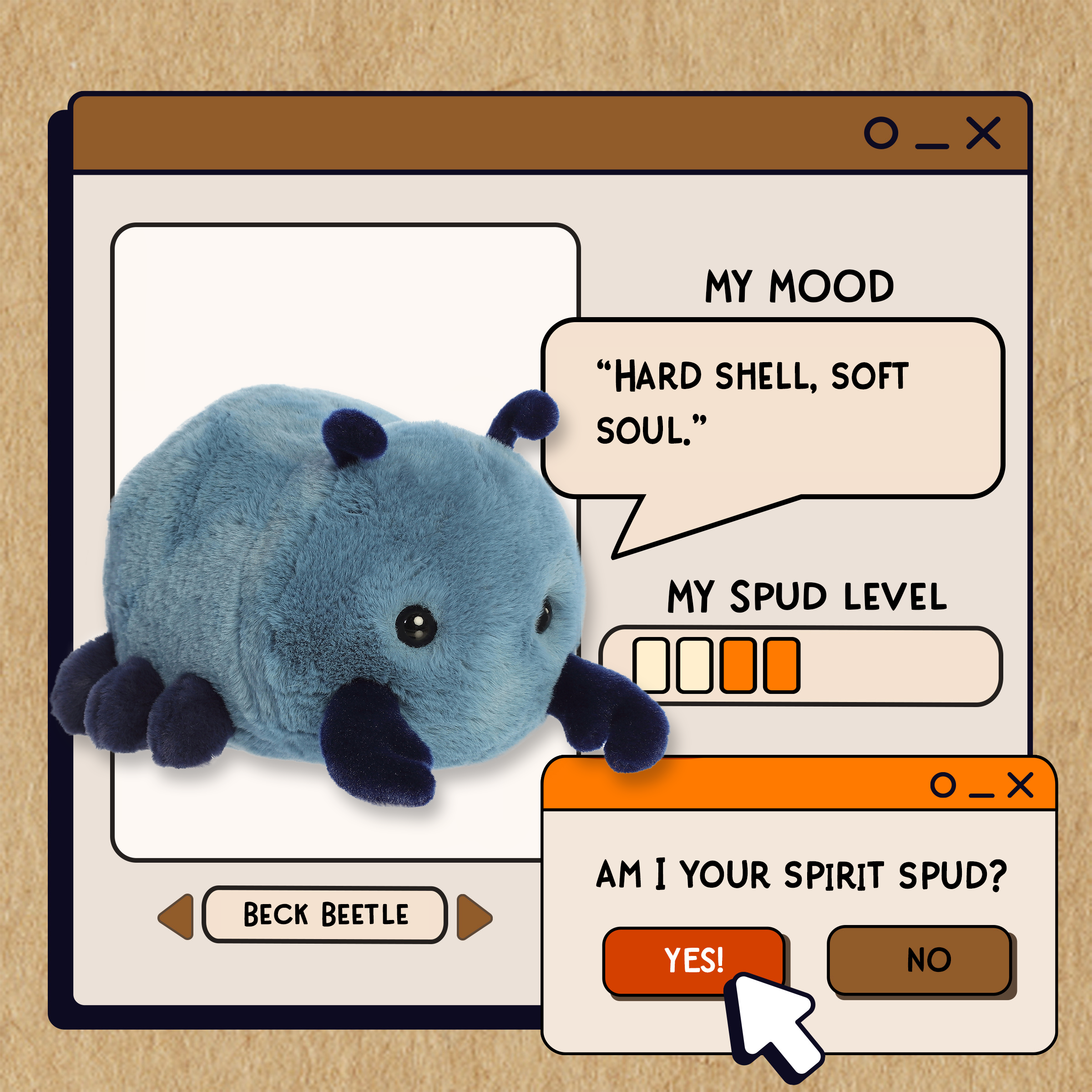 A spudsters product card for the beetle plush by Aurora