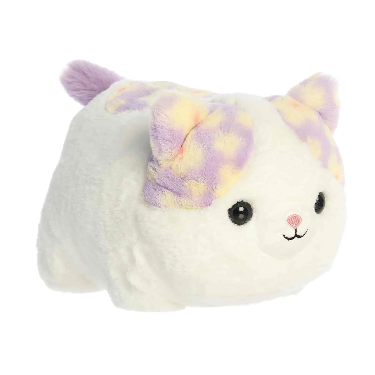 A round white cat plush with pastel lavender, yellow, and orange spots from Spudsters by Aurora.