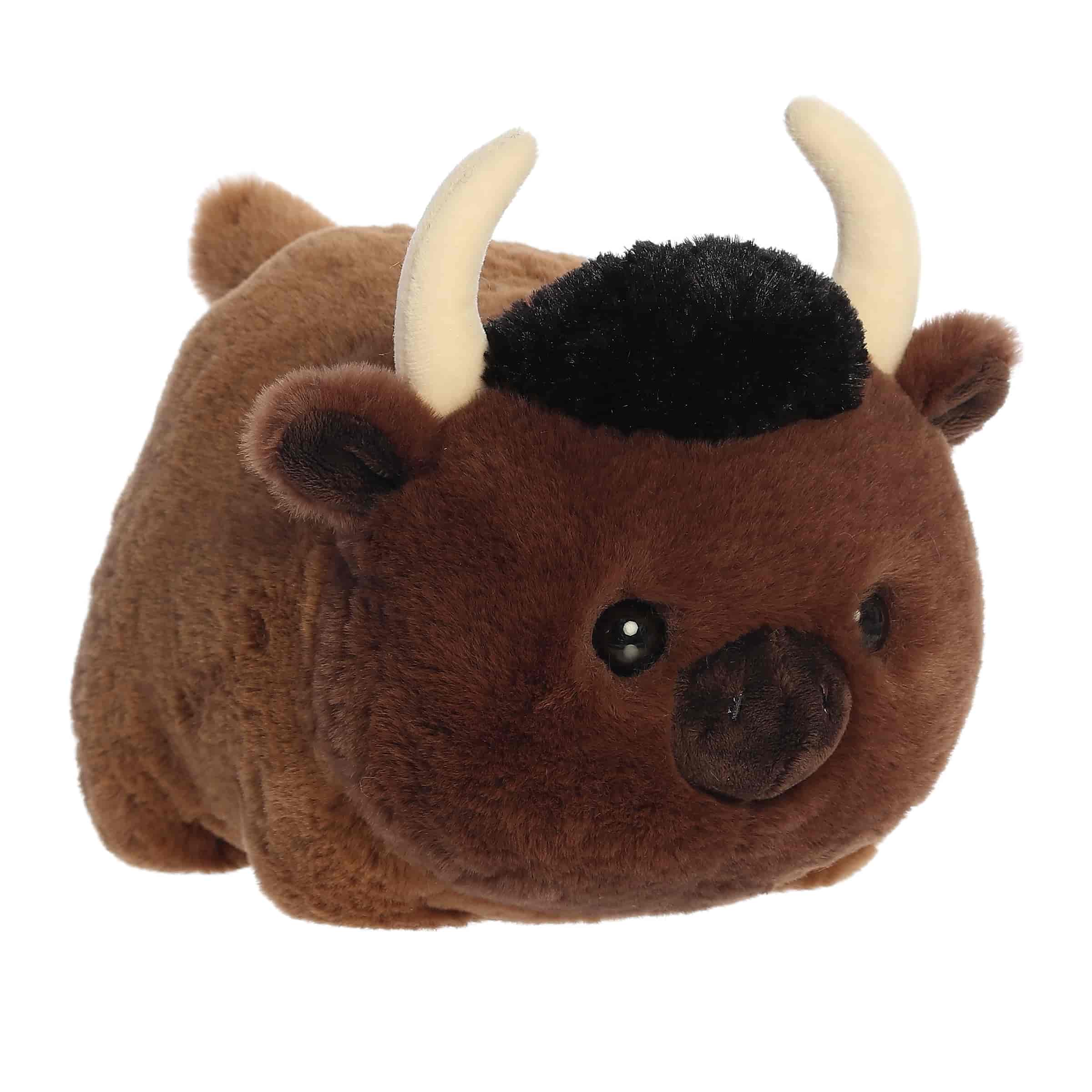 A round brown bison plush with black tufted fur and small horns from Spudsters by Aurora.