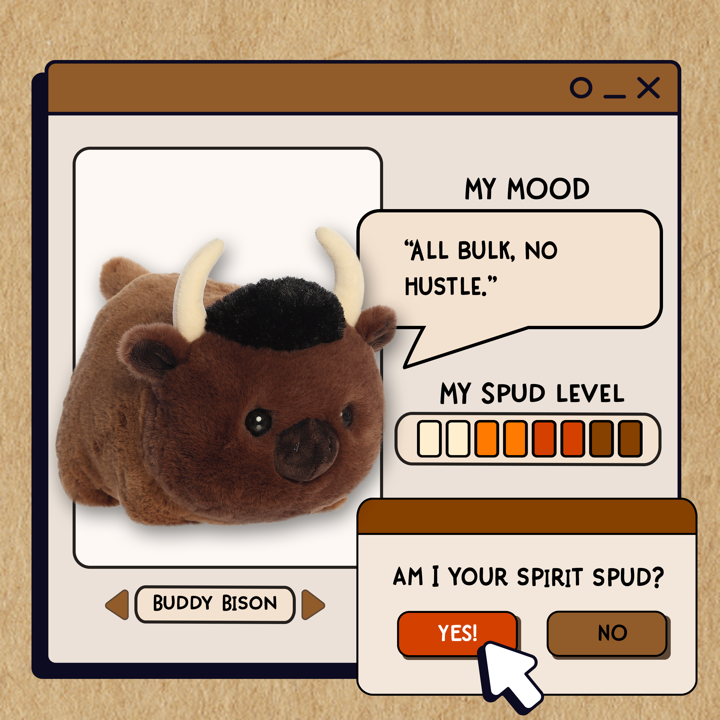A spudsters product card for the bison plush by Aurora