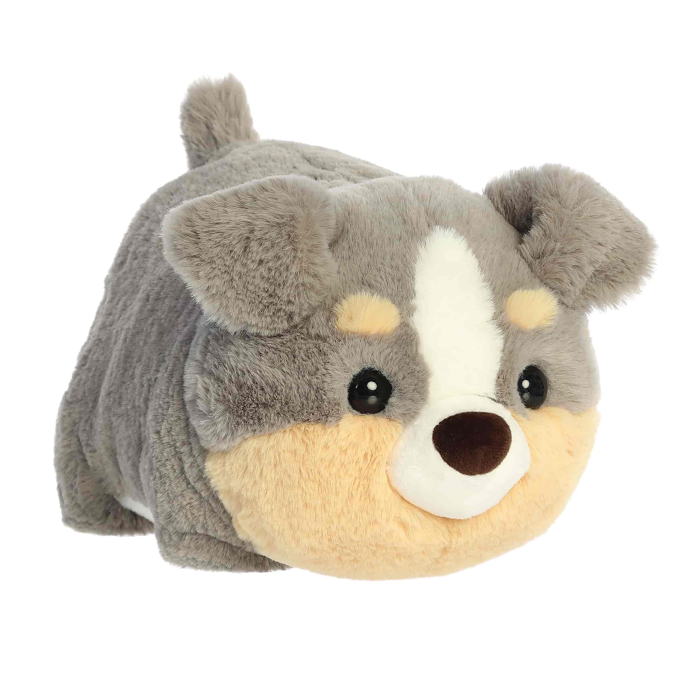A round gray, tan, and white Australian Shepherd plush with a fluffy body from Spudsters by Aurora