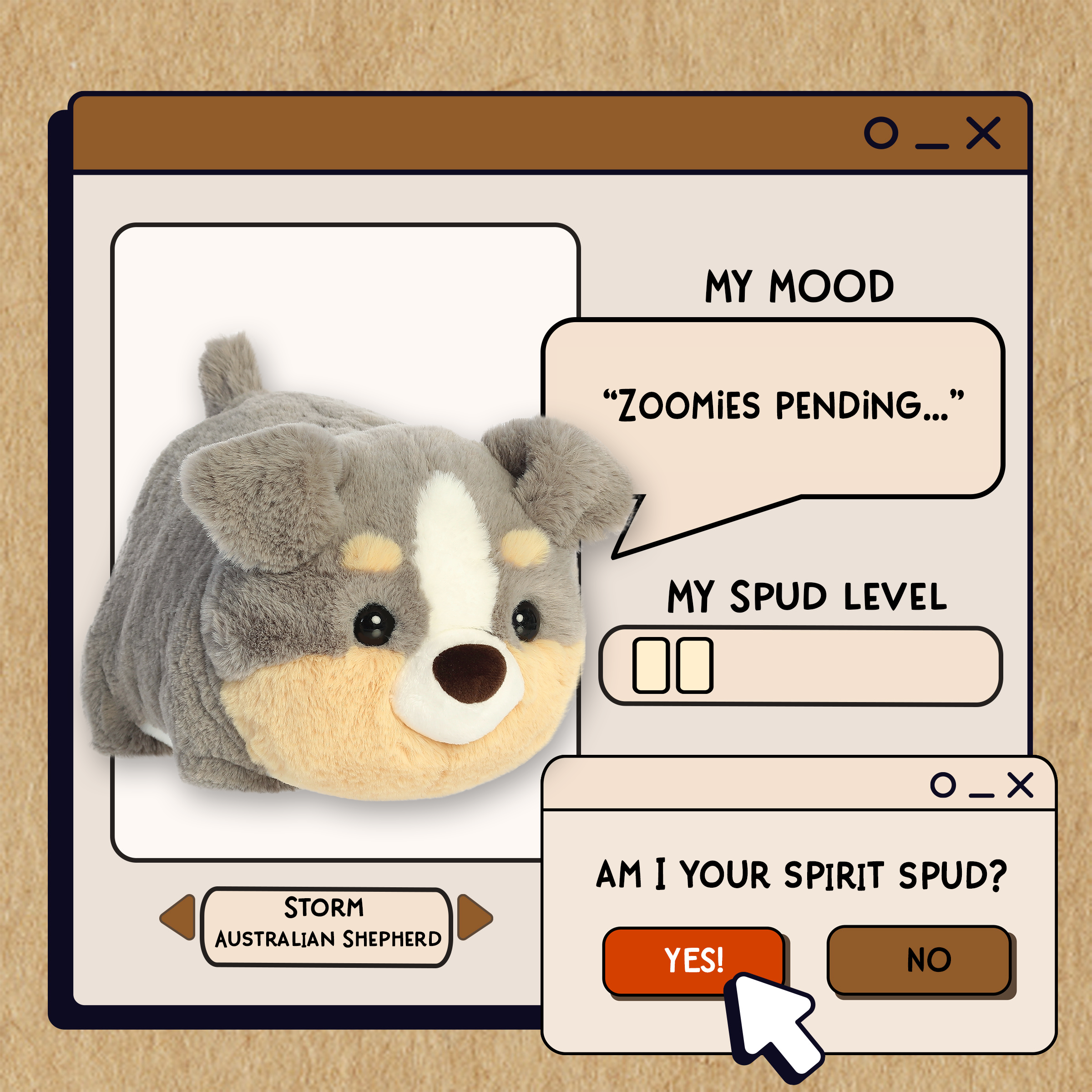 A spudsters product card for the Australian shepherd plush by Aurora
