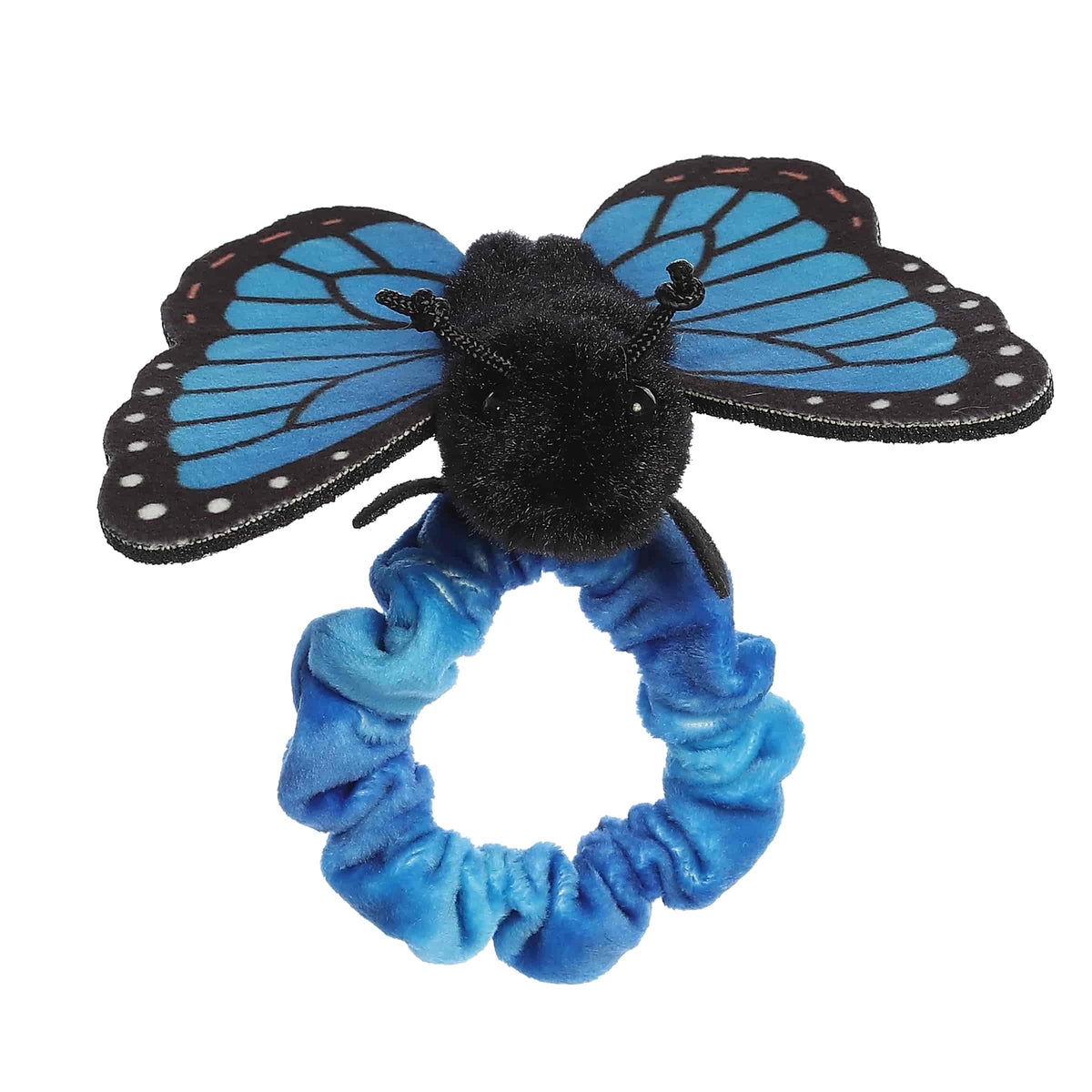 A plush Blue Morpho Butterfly with bright blue wings and black edges from Aurora’s Wrist Fliers collection.