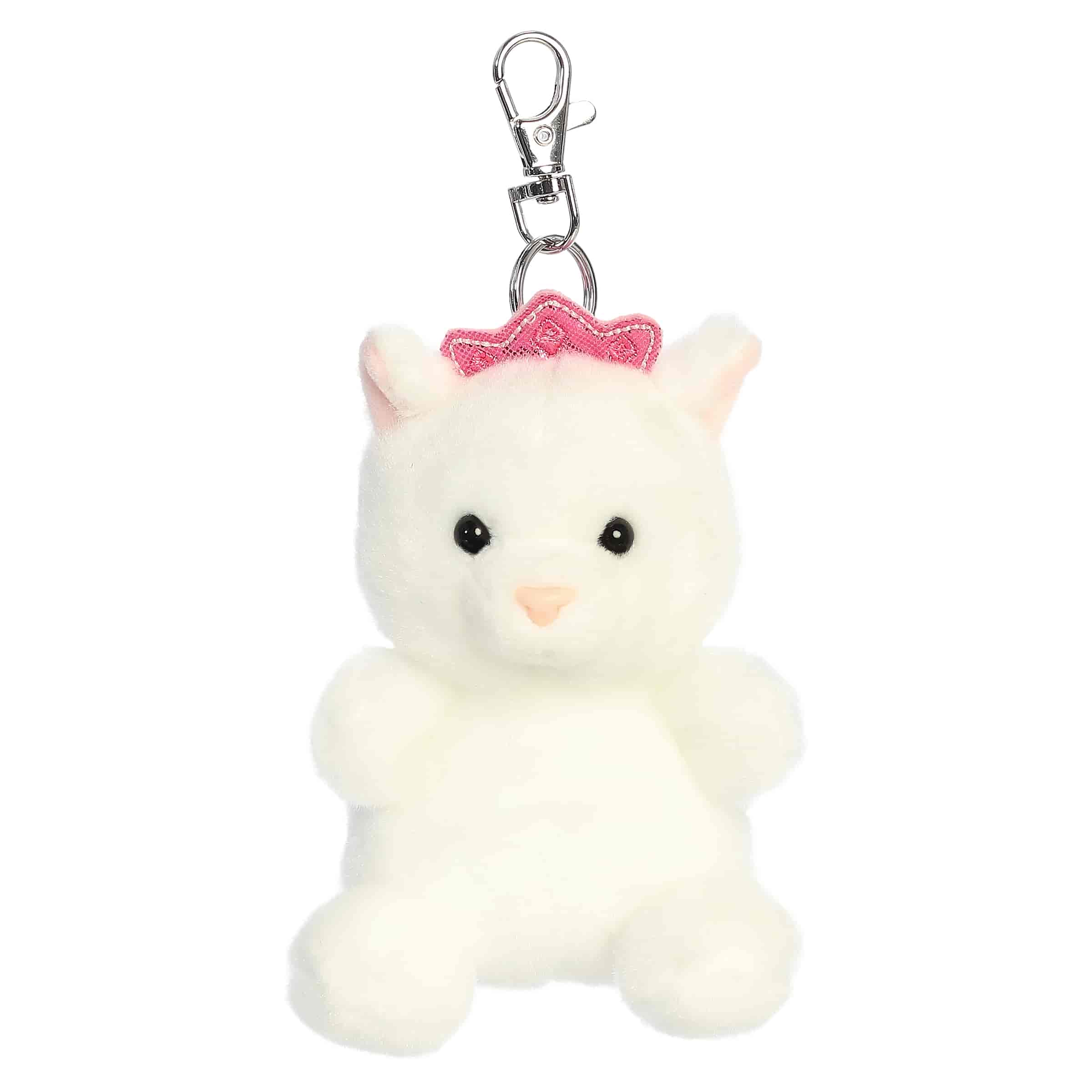 Princess Kitty clip-on plush, white kitten with pink bow and silver keychain clip, from Palm Pals.