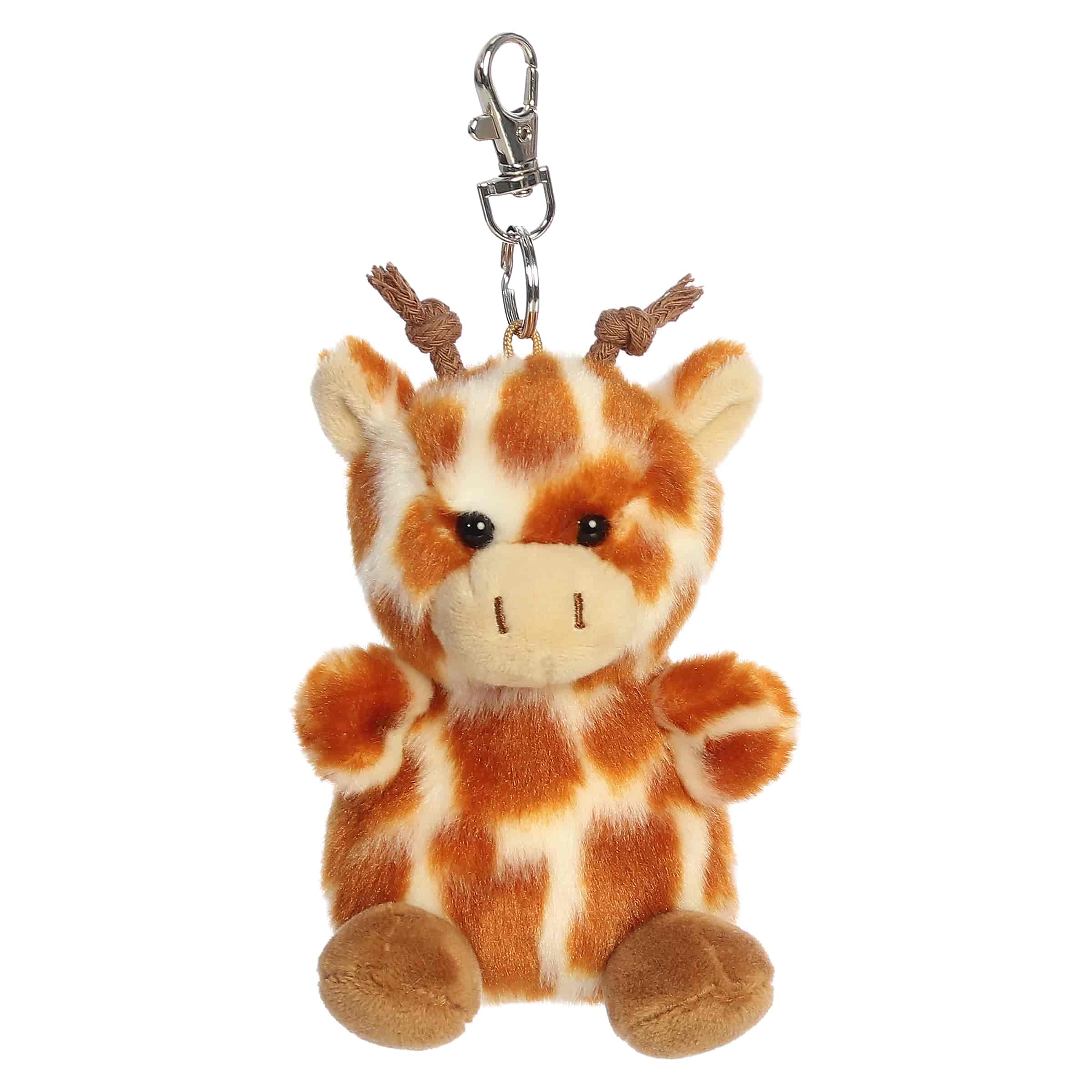 Safara Giraffe clip-on plush, brown and tan spots with small ossicones and silver clip, from Palm Pals.