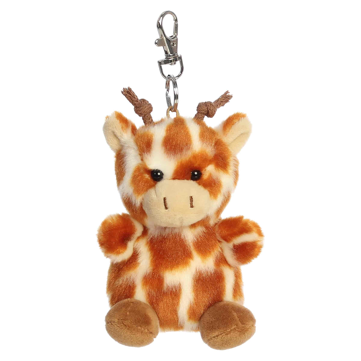 Safara Giraffe clip-on plush, brown and tan spots with small ossicones and silver clip, from Palm Pals.